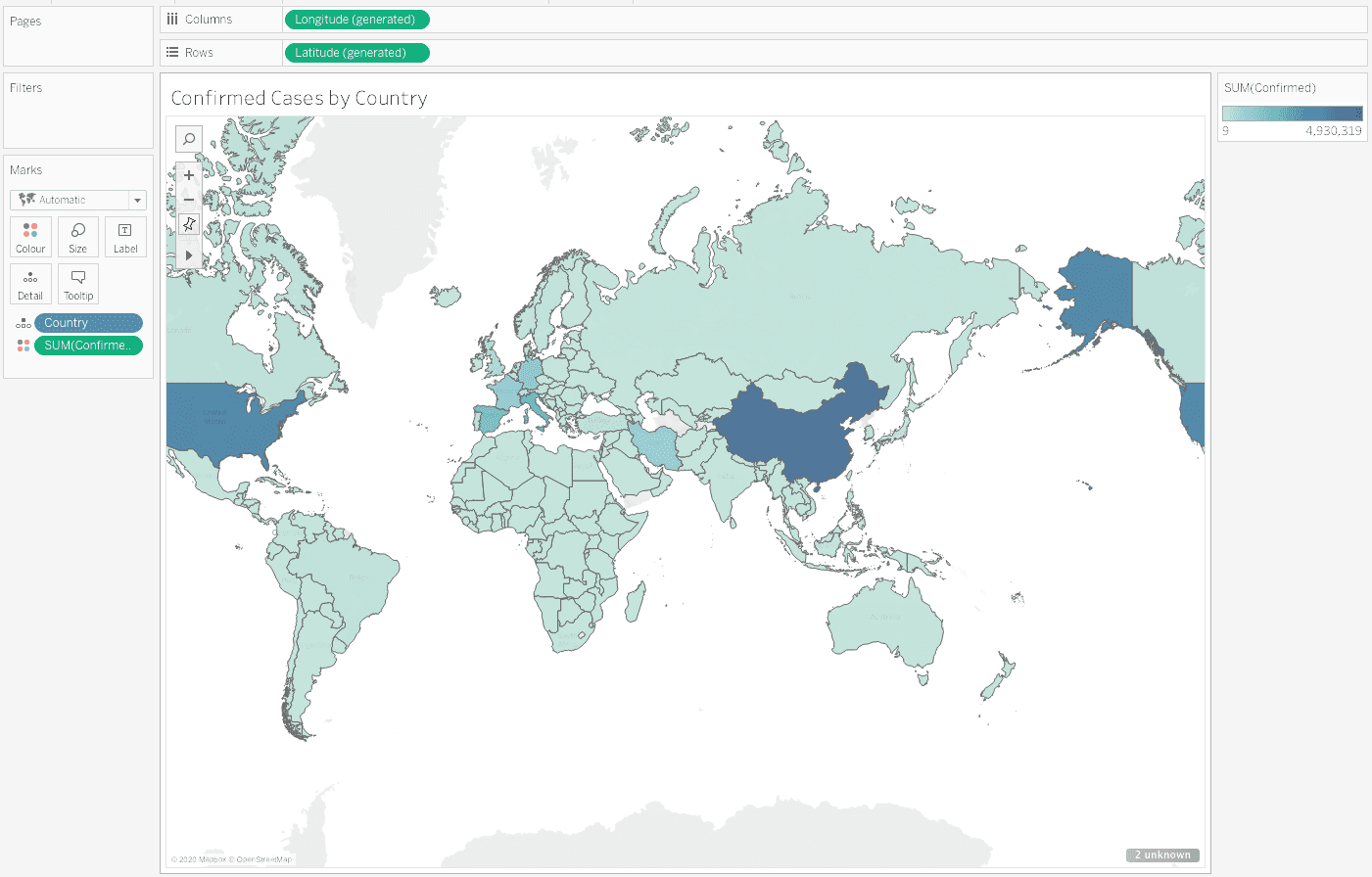 COVID-19 World map in Tableau.