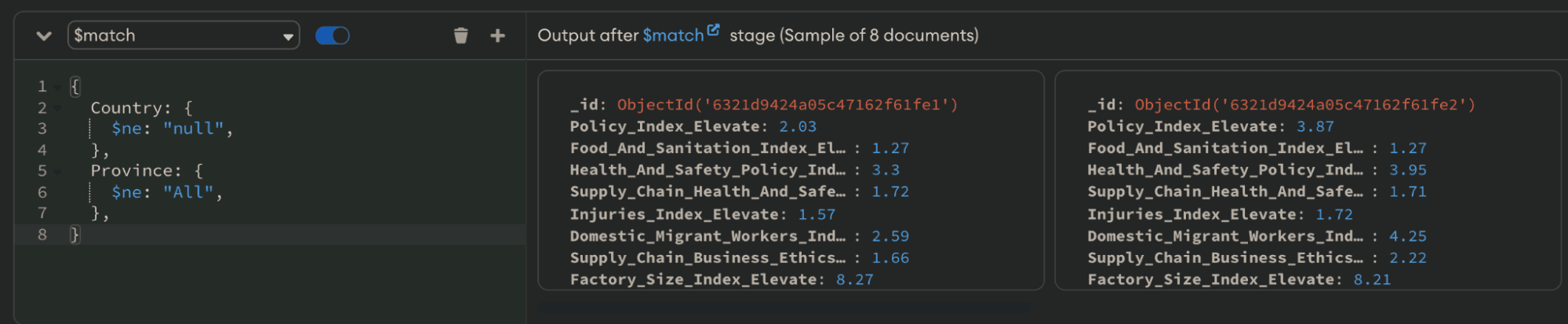 $match stage run in MongoDB Compass