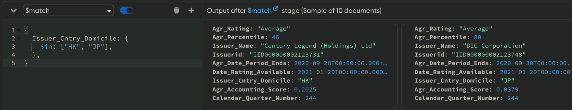 $match stage run in MongoDB Compass