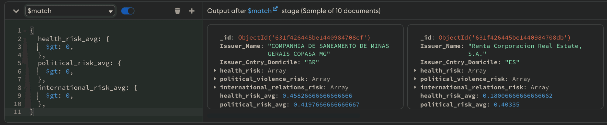 $match stage run in MongoDB Compass