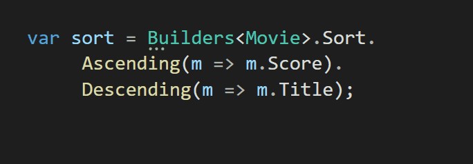 GIF showing a builder sort definition being implemented. Tooltip is then shown with genereated MongoDB Query API expression.