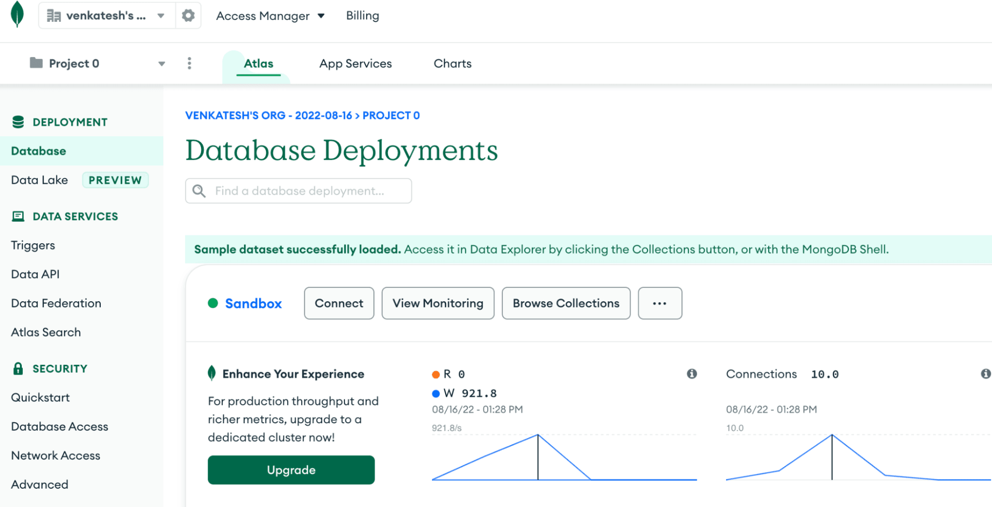 MongoDB Atlas cluster landing page