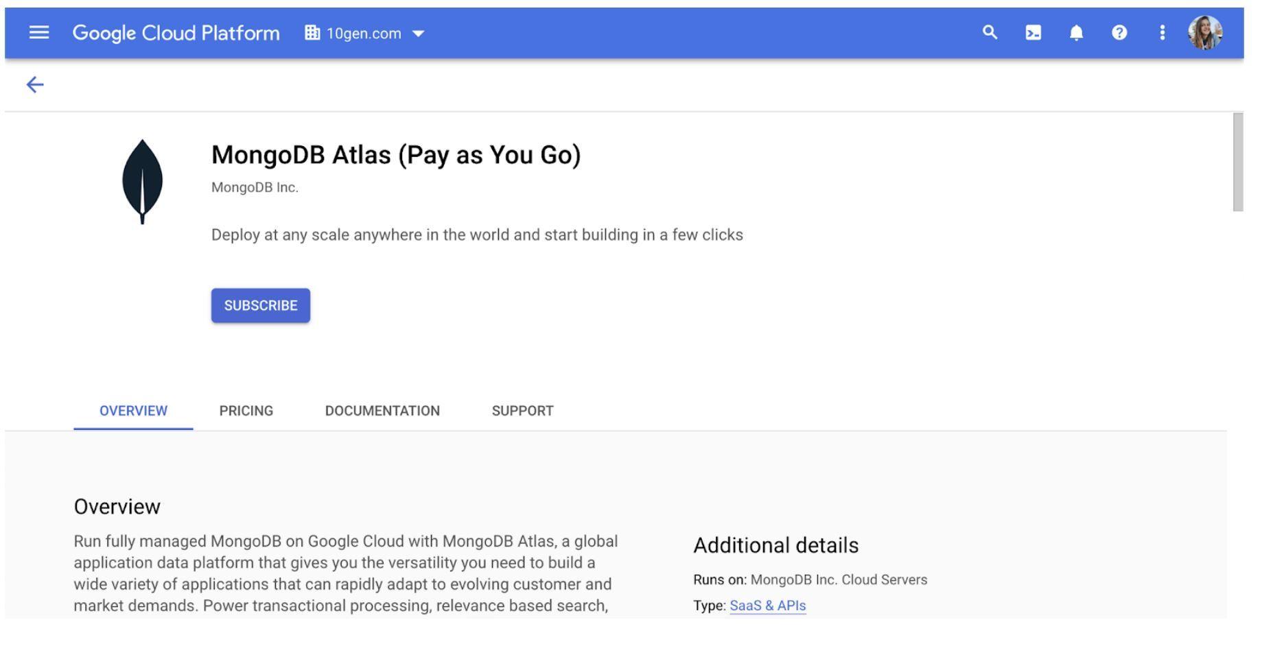 MongoDB Atlas on Google Cloud subscription page