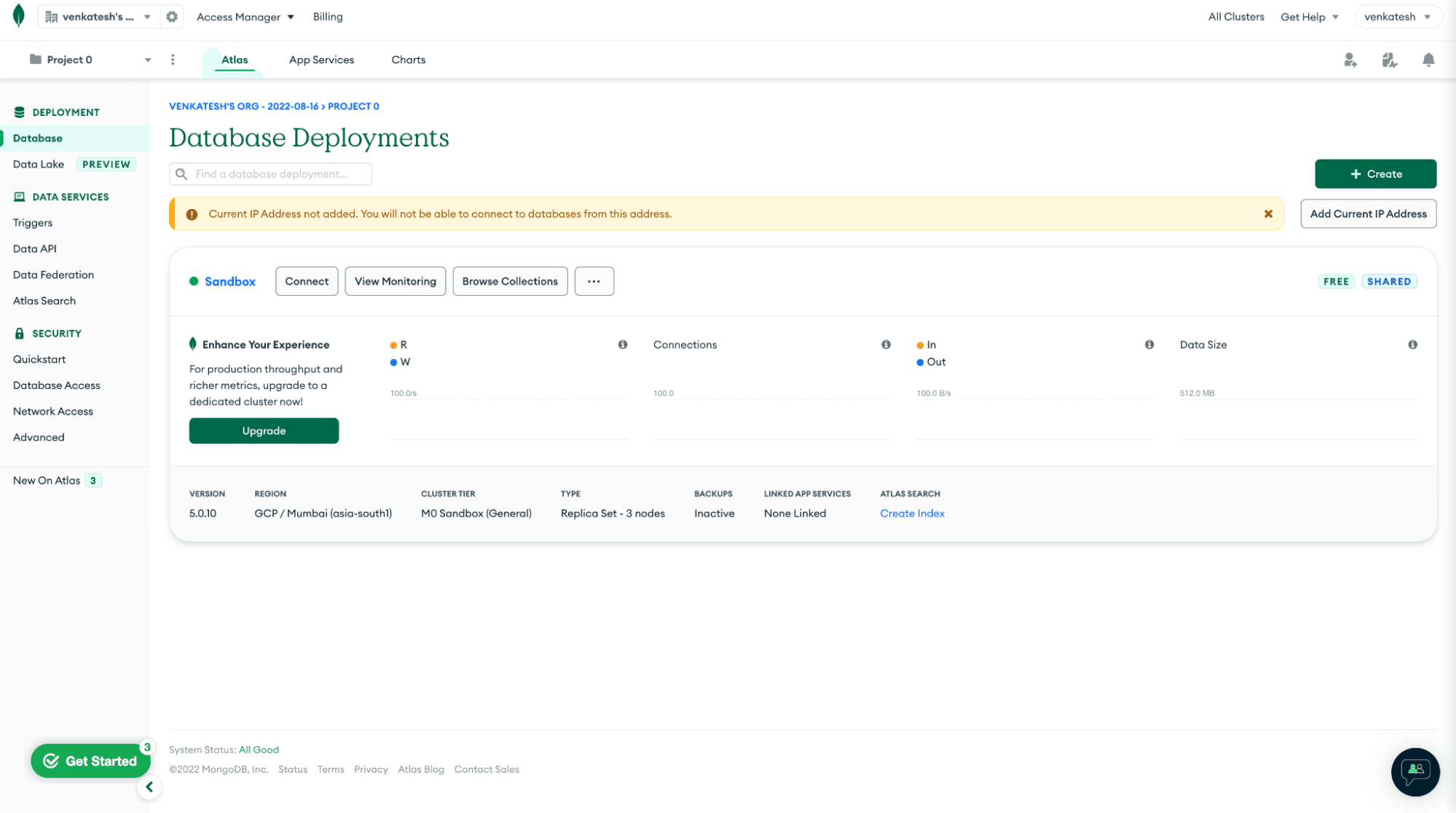 MongoDB Atlas Sandbox cluster set up