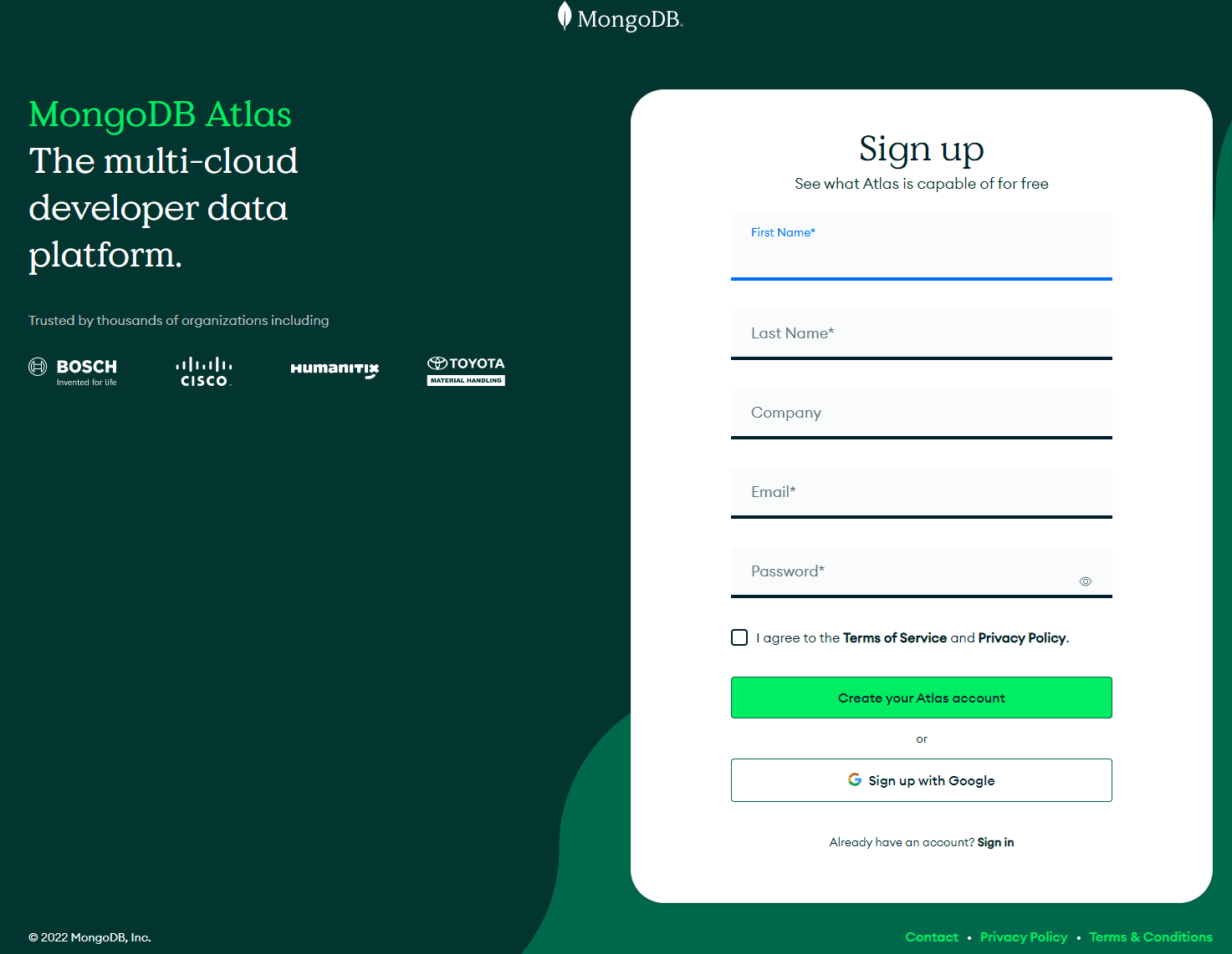 MongoDB Atlas Sign Up page. First Name, Last Name, Company, Email, Password