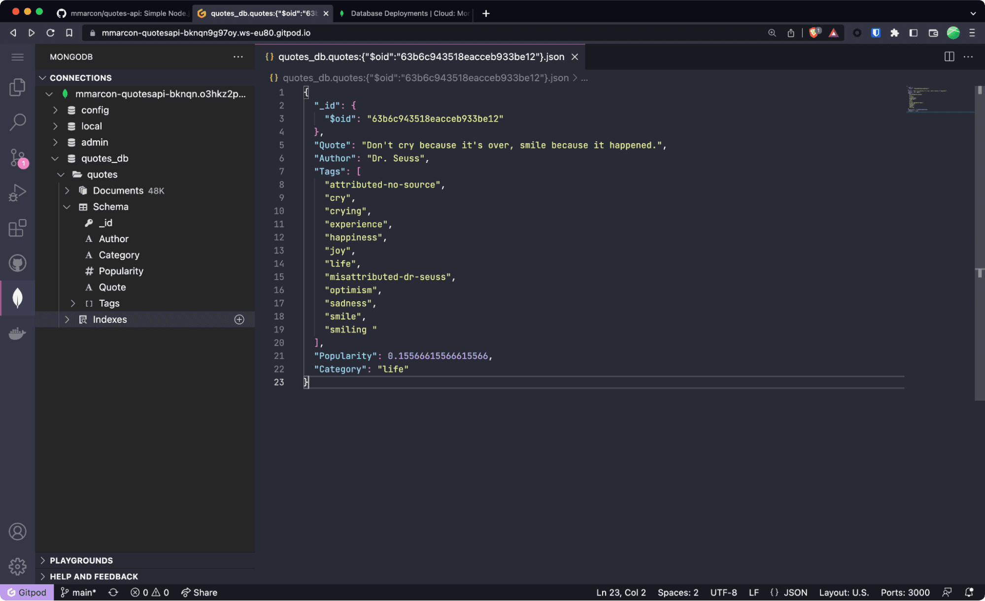 MongoDB for VS Code is a great way to explore your data in Atlas without leaving the Gitpod workspace