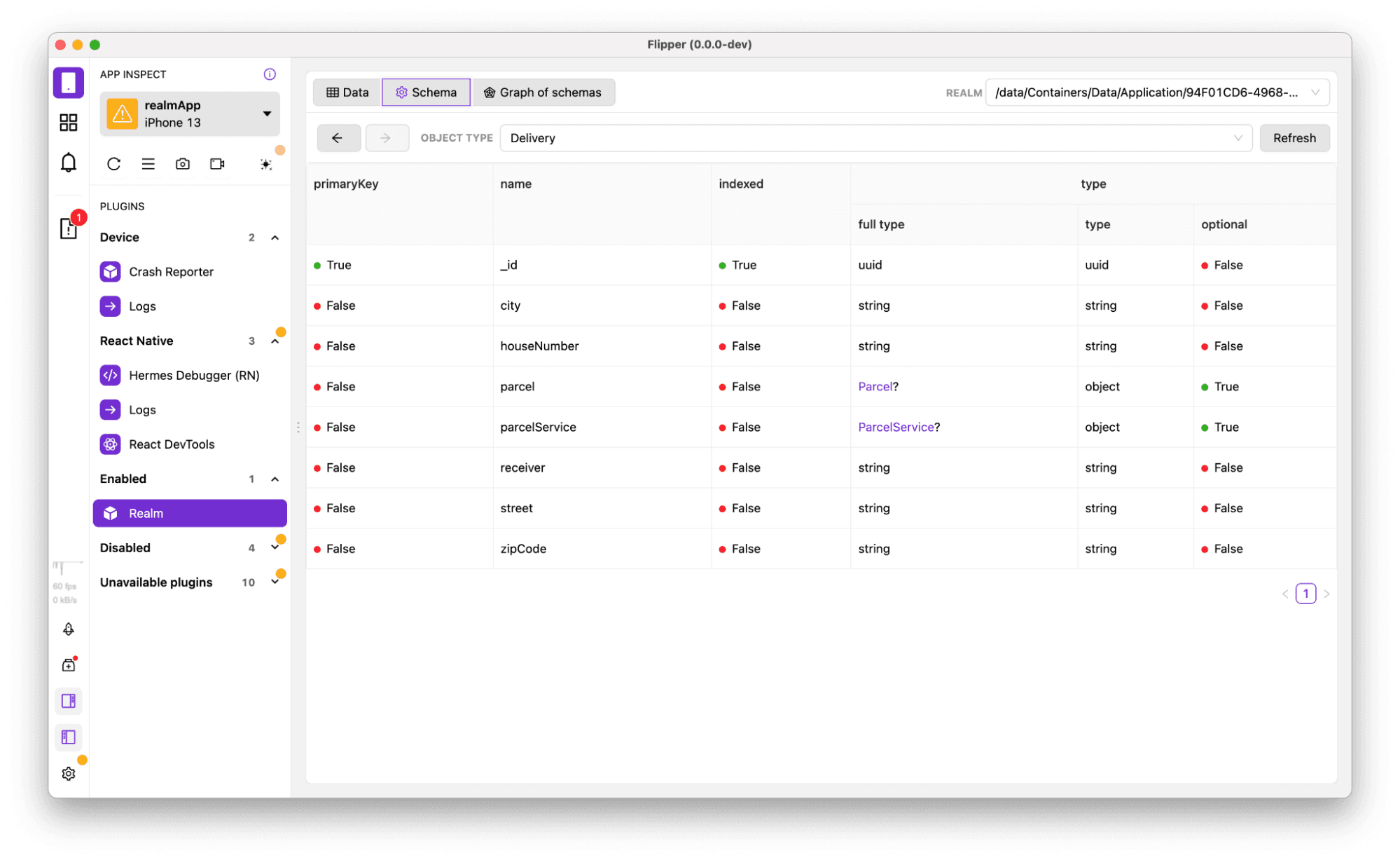 The object type  "Delivery" displayed as a table, and its objects are represented by rows