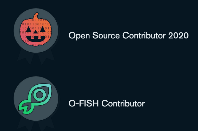 Hacktoberfest contribution badge featuring a pumpkin shape with binary inside - and O-FISH contribution badge featuring the O-FISH logo