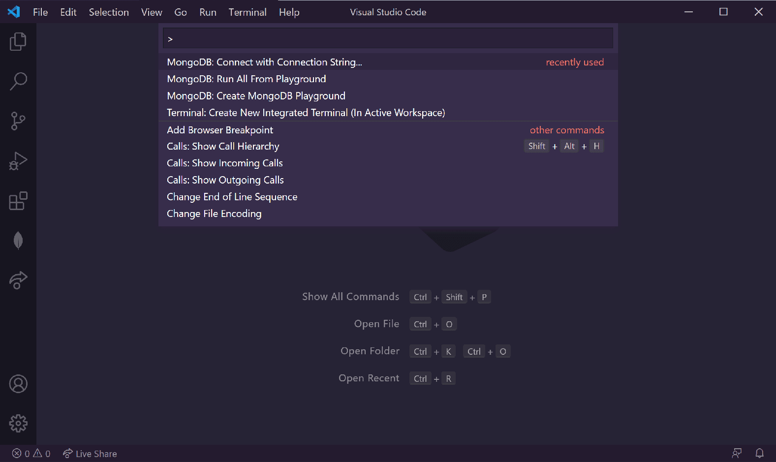 Showing the command palette in VS Code