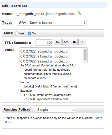 Settings page from AWS Route 53 - Name, Type, Alias: TTL and Value