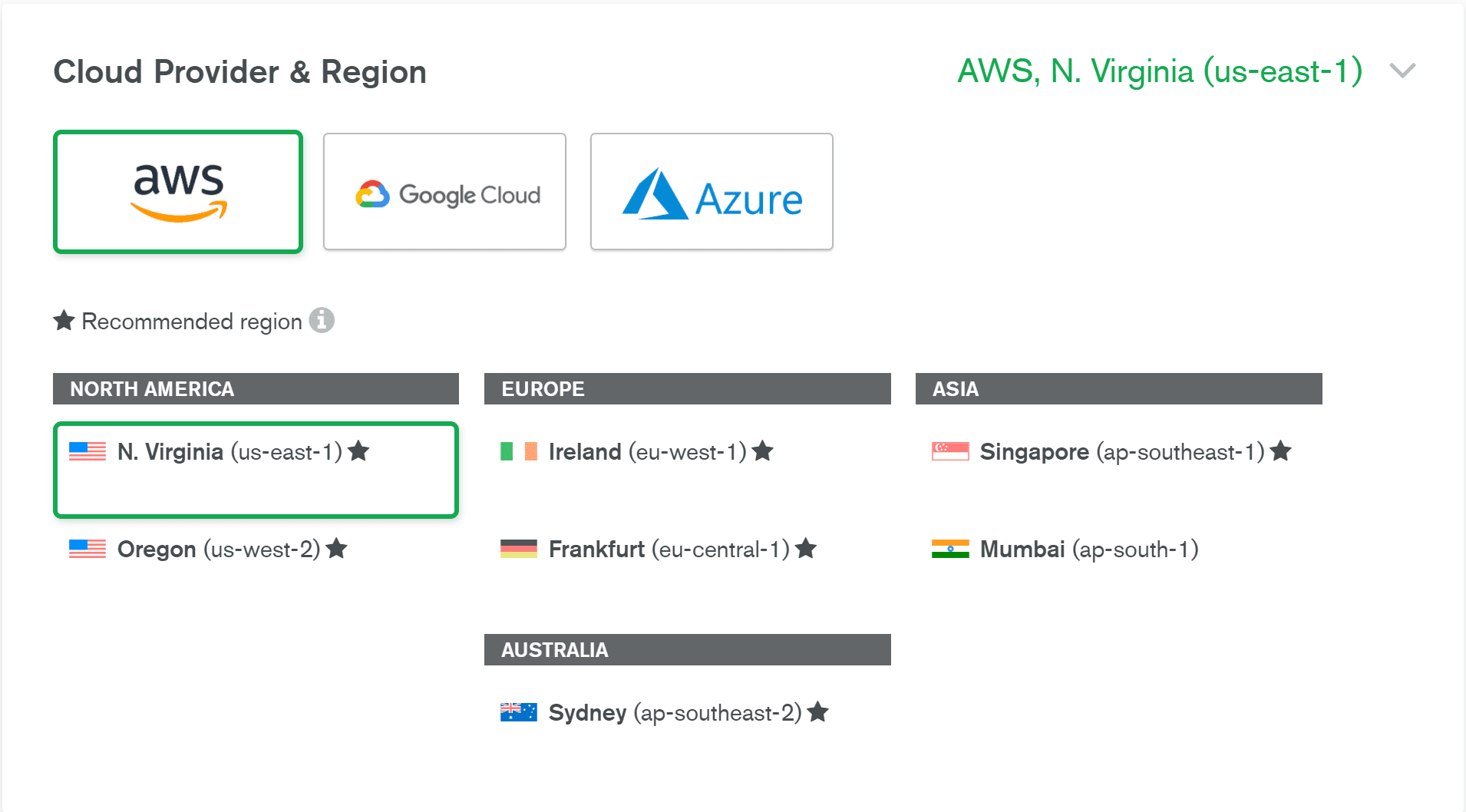 Seleção de região do provedor de nuvem no MongoDB Atlas