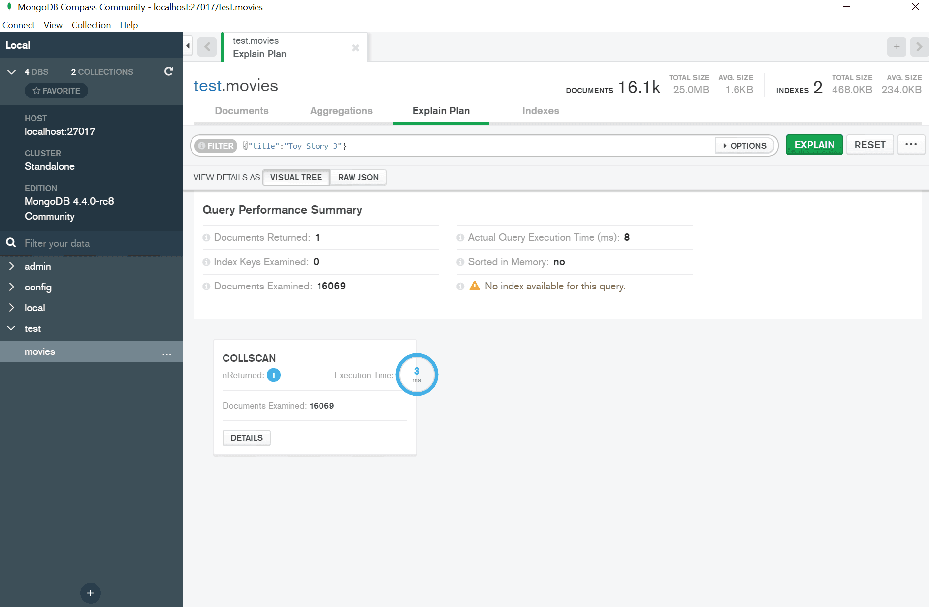 MongoDB Compass Collscan