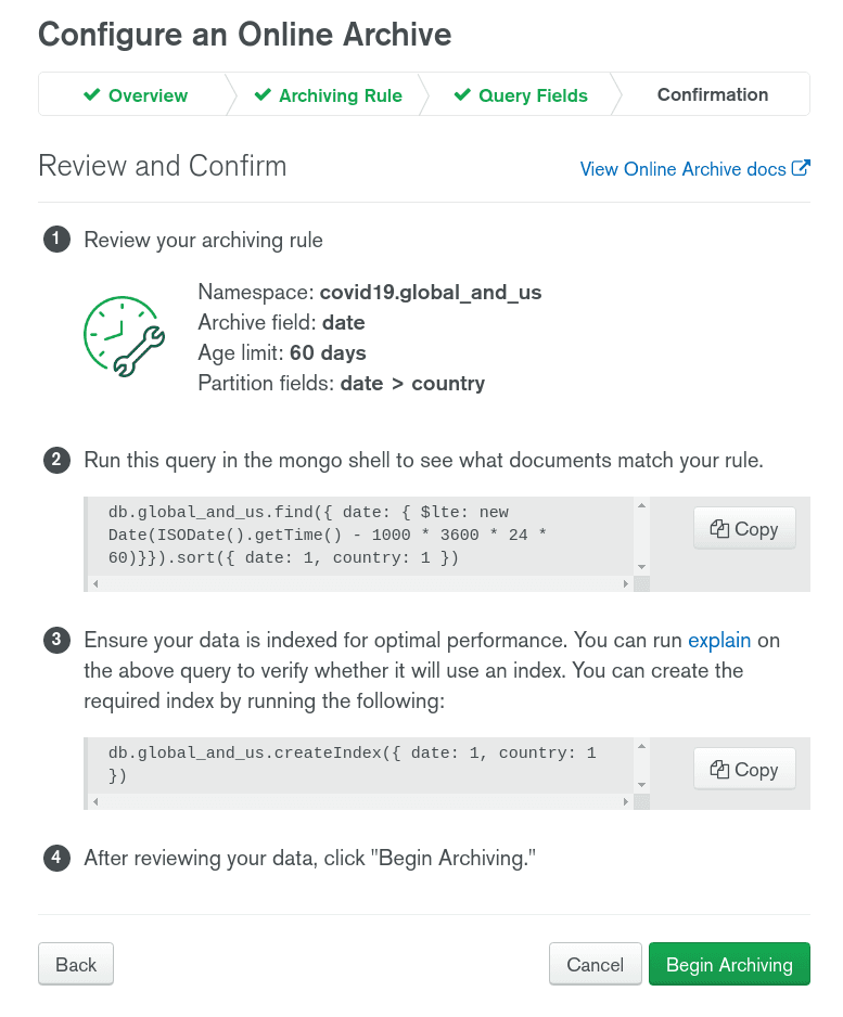 MongoDB Atlas Online Archive query and index