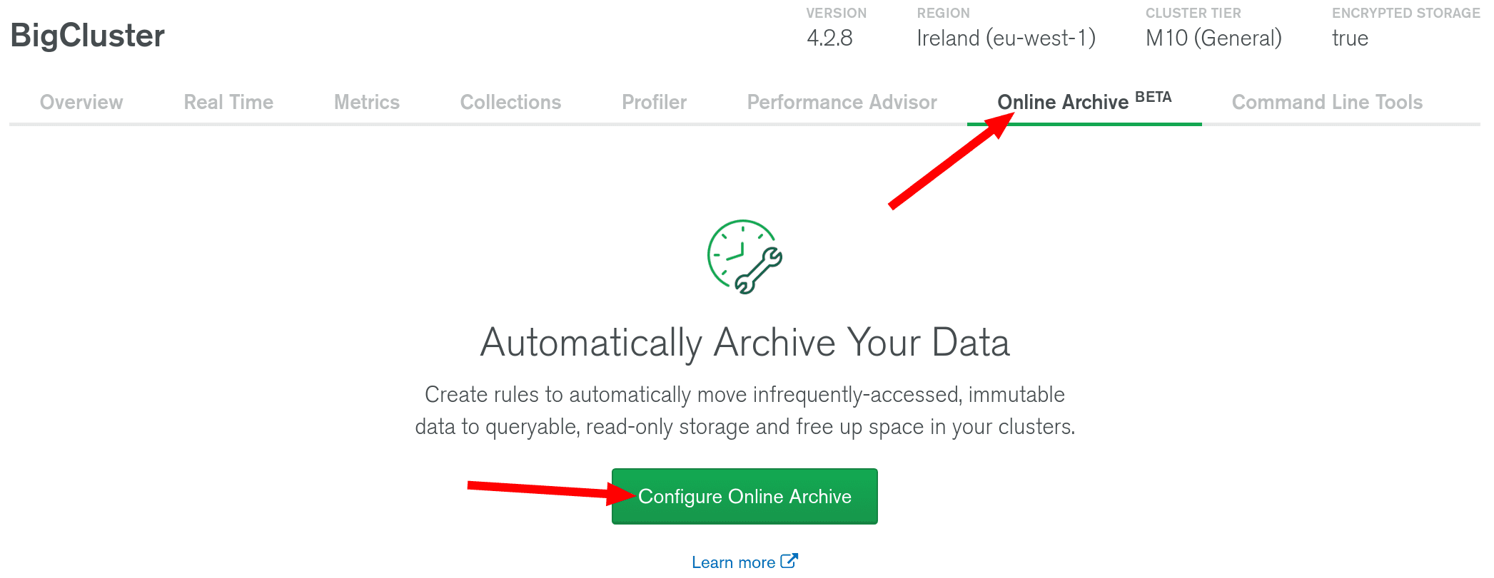 MongoDB Atlas Online Archive tab menu