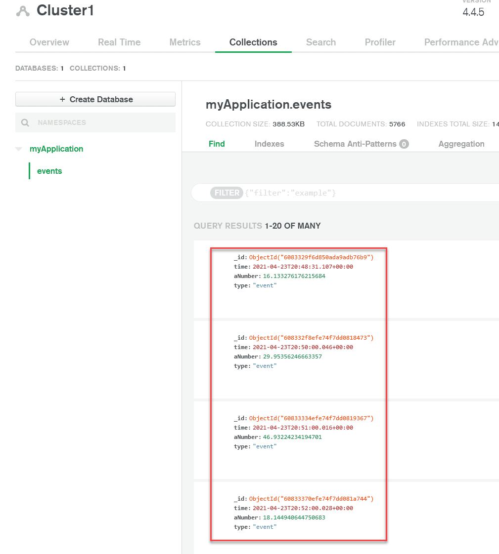 Screenshot from the MongoDB Atlas webpage showing the data that was generated by the Create_Event_Every_Min_Trigger with a red box around the new data.