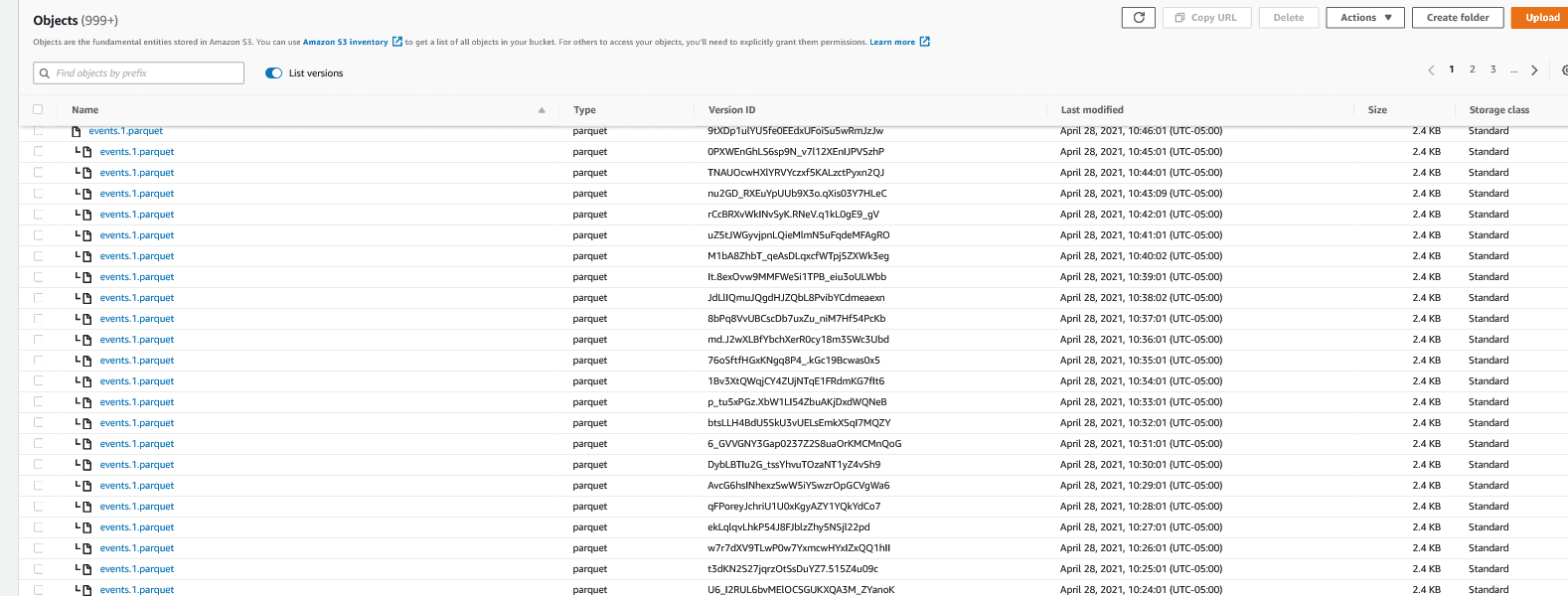 Screenshot from AWS S3 management console showing the new events.parquet document that was generated by our $out trigger function.