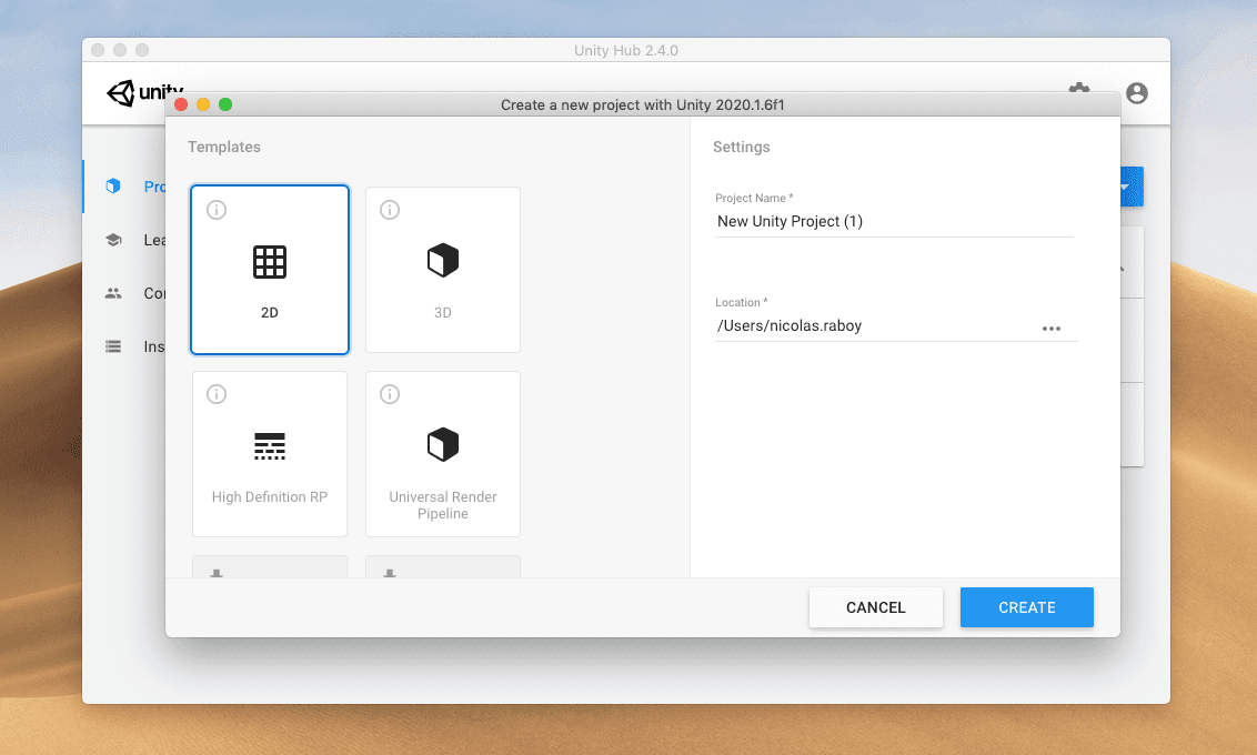 Unity cria novo projeto 2D