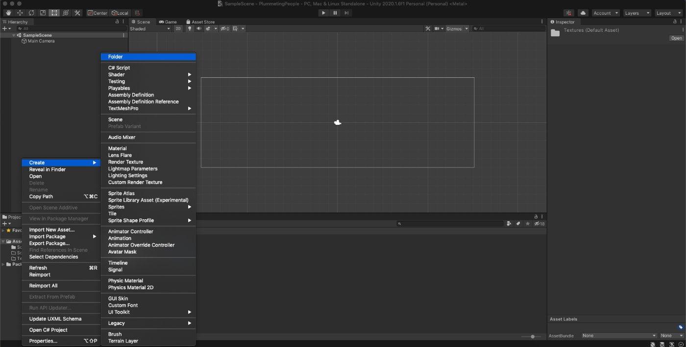Criar nova pasta de ativos da Unity