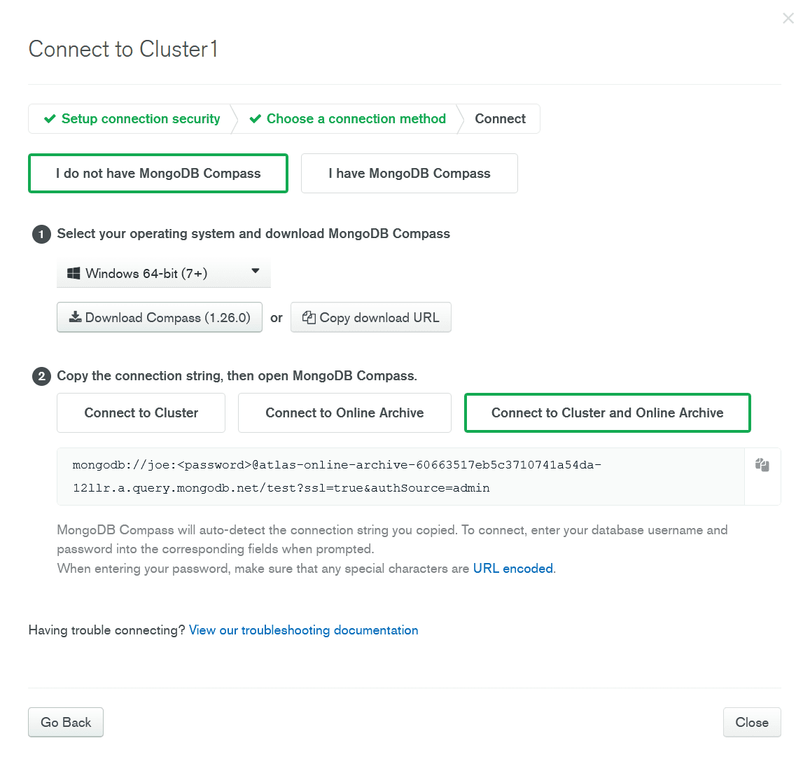 Screenshot from the MongoDB Atlas Connect to Cluster page showing the Connect to Cluster and Online Archive button.