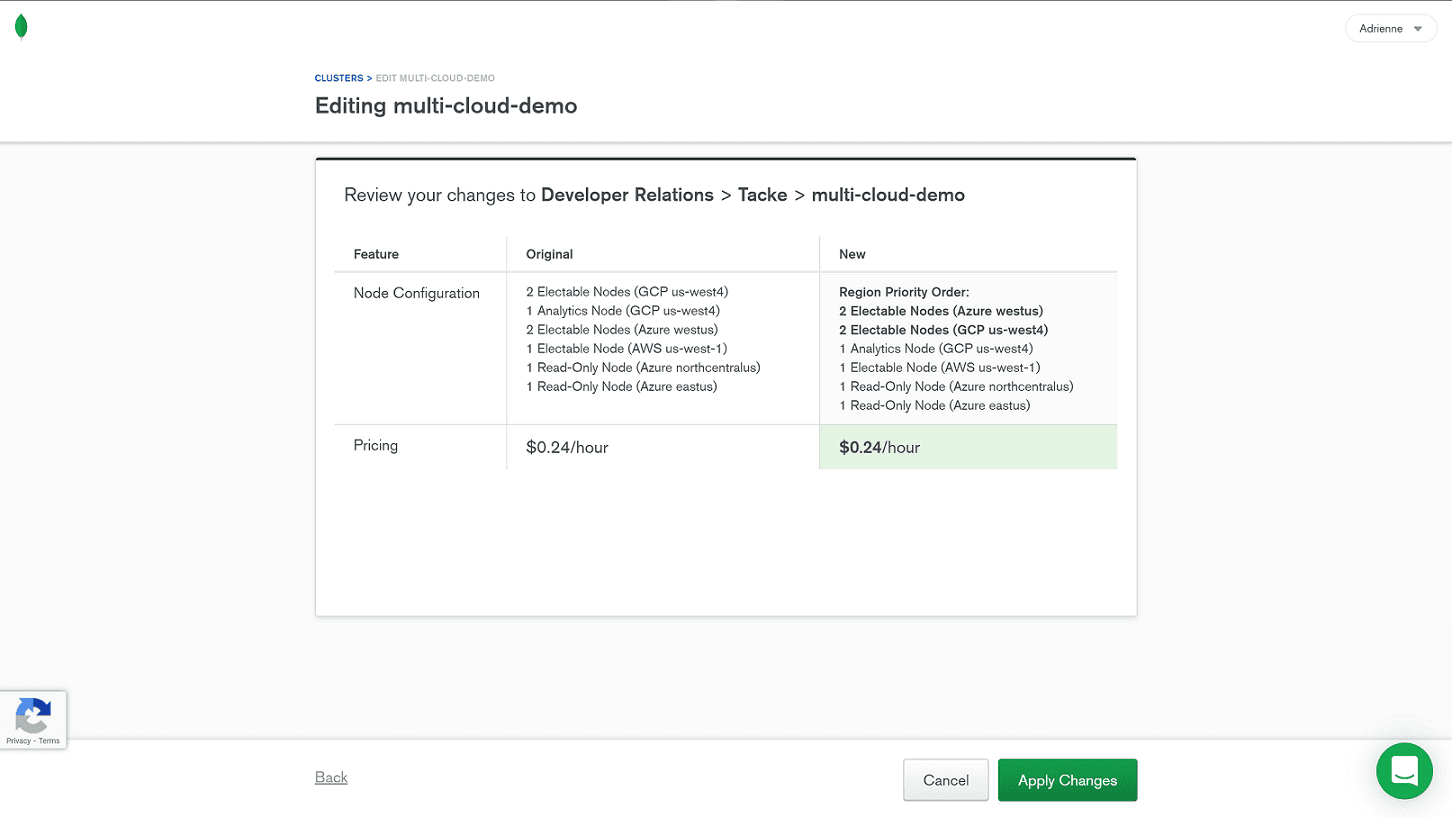 Confirmation screen to change cluster configuration