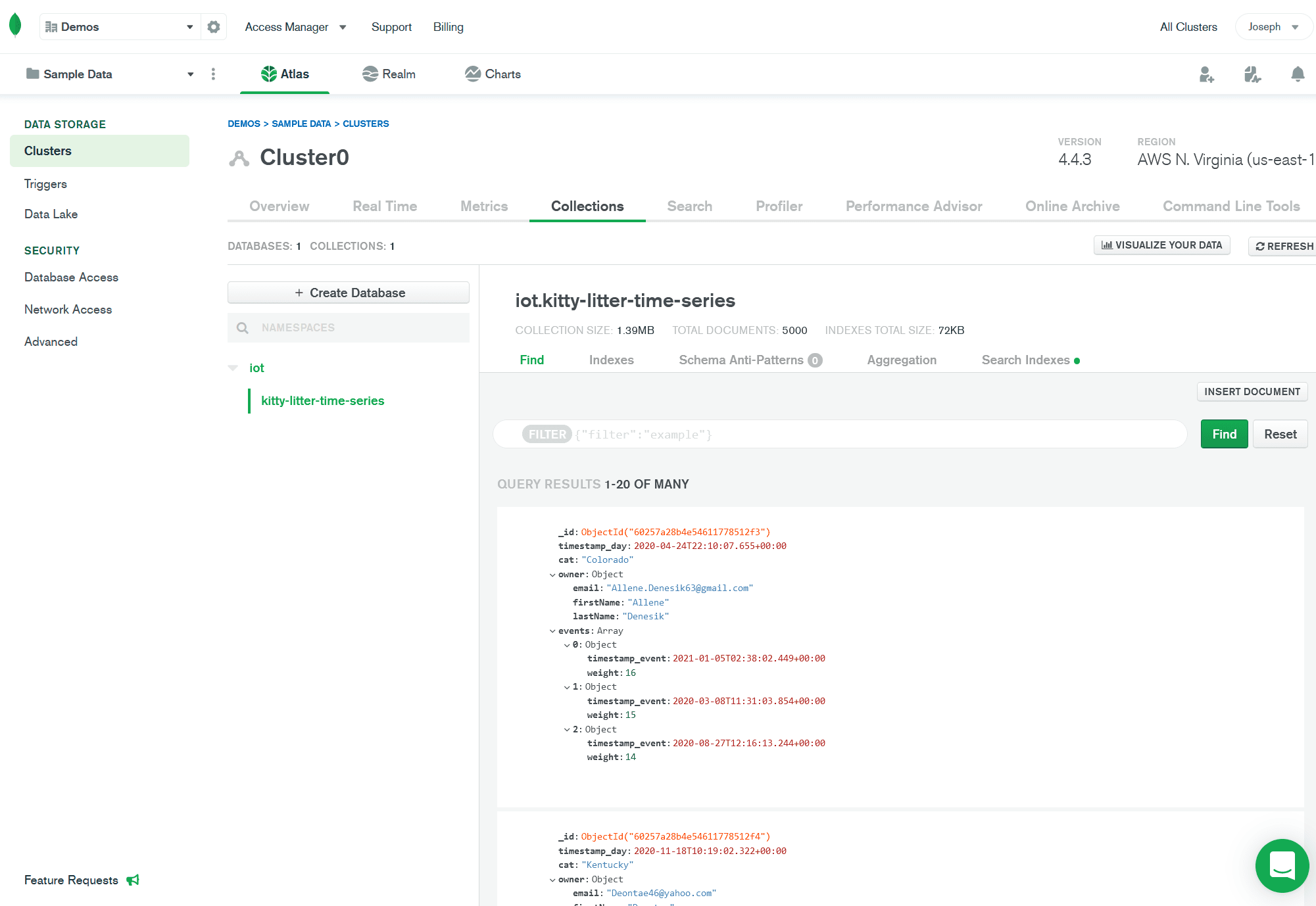 Screenshot showing the seeded data in a MongoDB Atlas cluster.