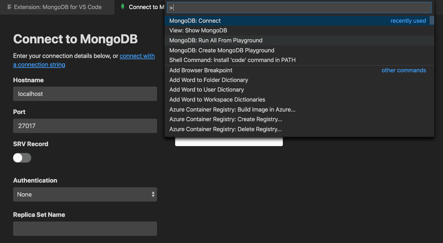 Connect to MongoDB with Visual Studio Code