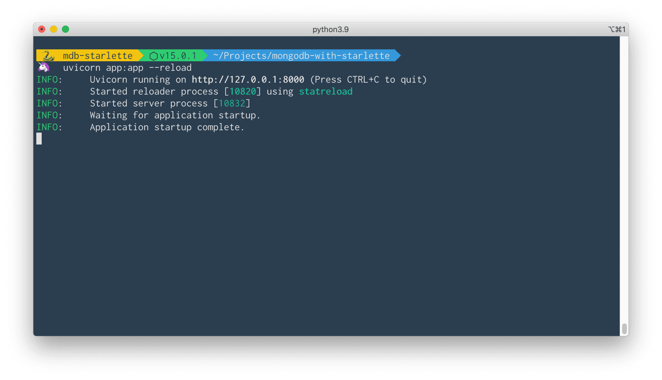 Captura de tela do terminal executando o Starlette