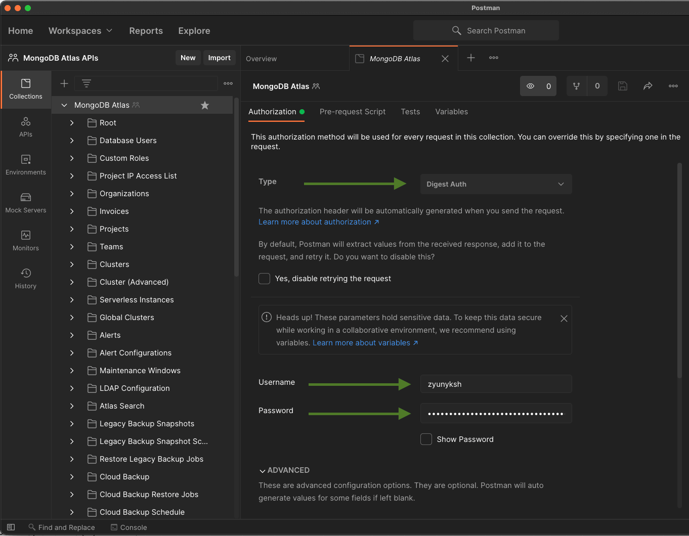 Configuring Authorization on Postman using MongoDB Atlas API key