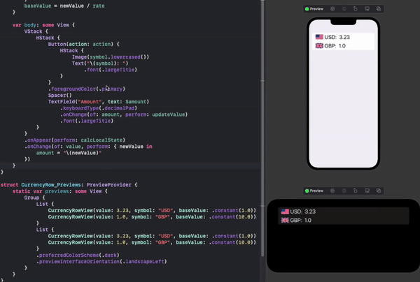 Animation of Xcode preview. Shows that the preview updates in real time as the code is changed. There are previews for both landscape and portrait modes