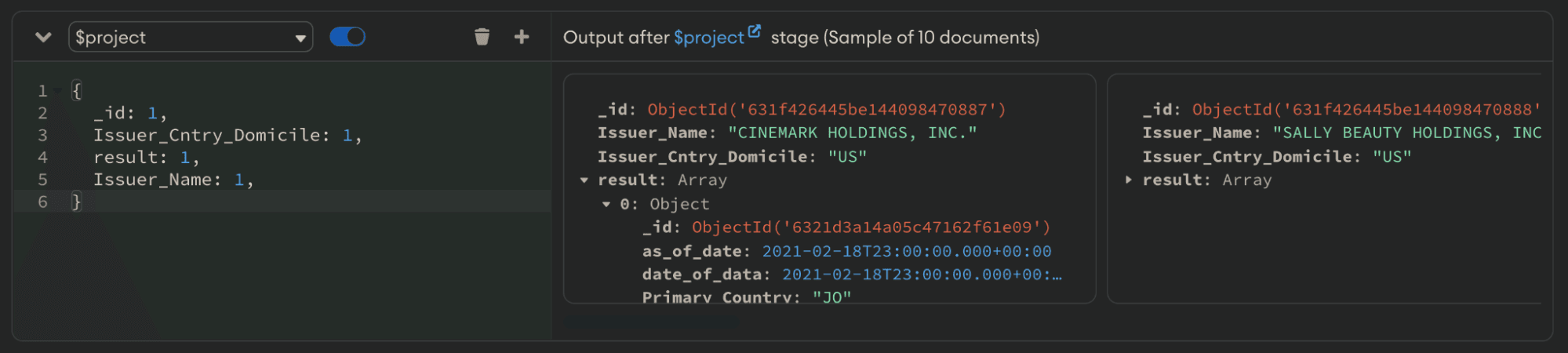 $project stage run in MongoDB Compass
