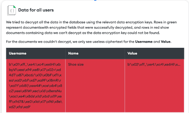 demo application showing raw cipher text instead of decrypted data