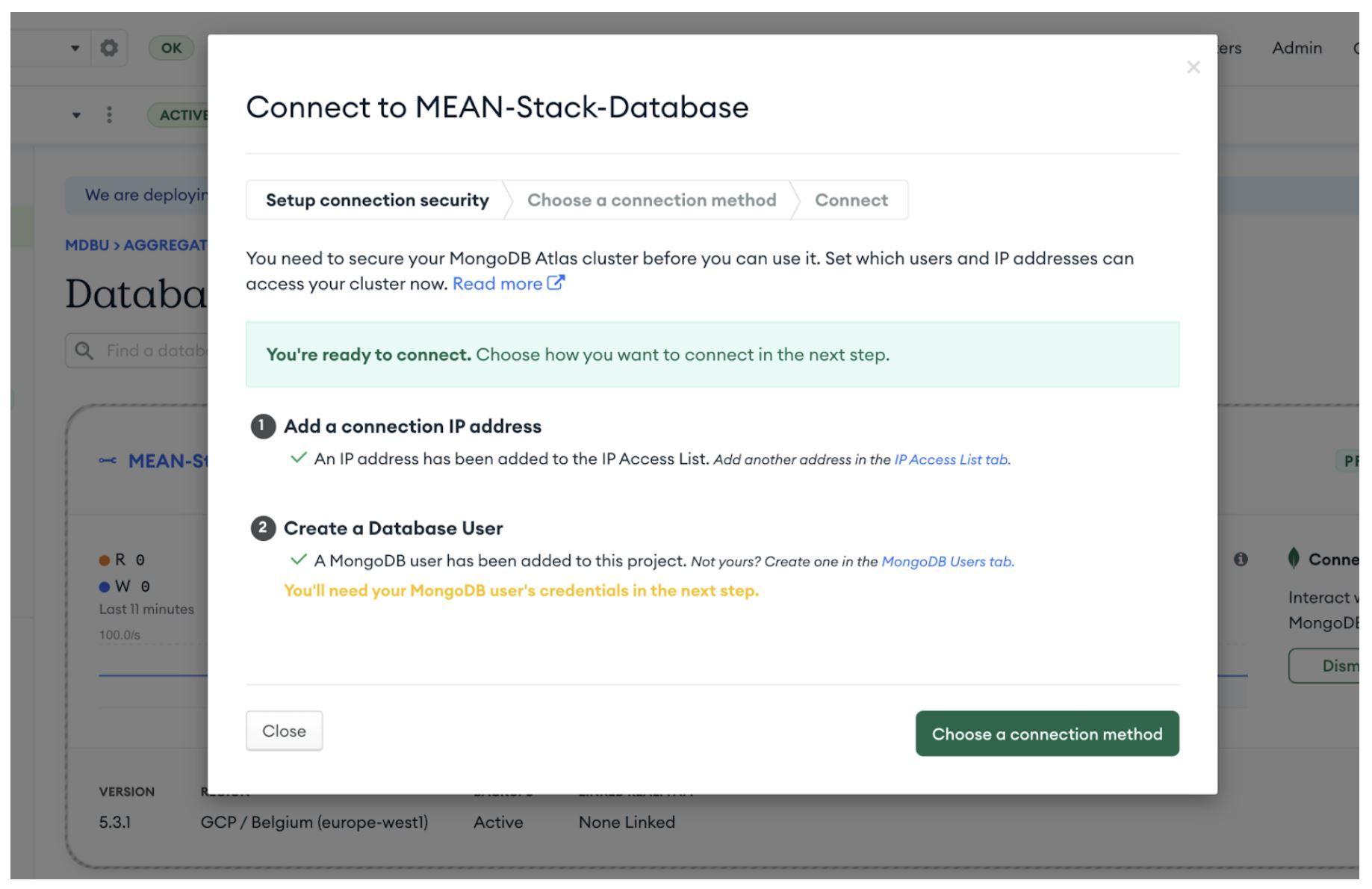 Screen showing 'You are ready to connect' in MongoDB Atlas
