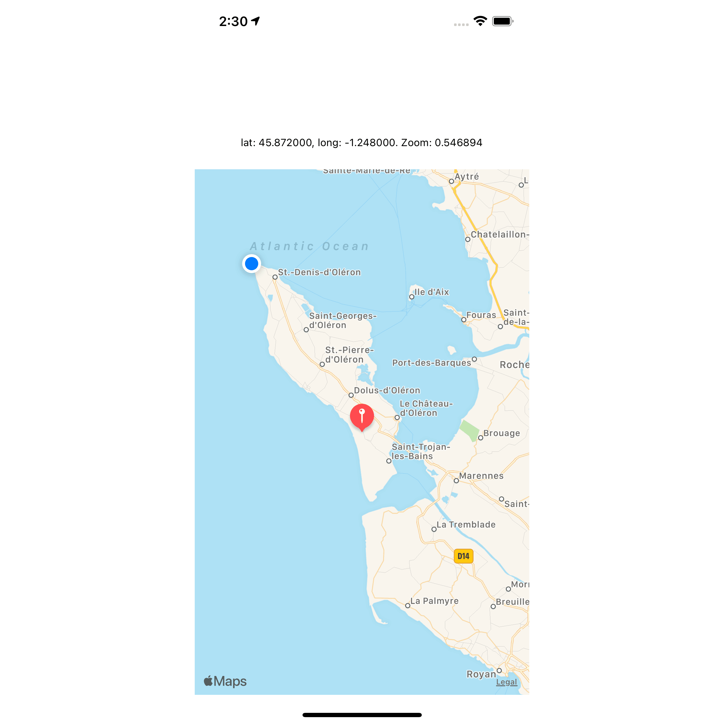 Embedded Apple Map showing a red pin