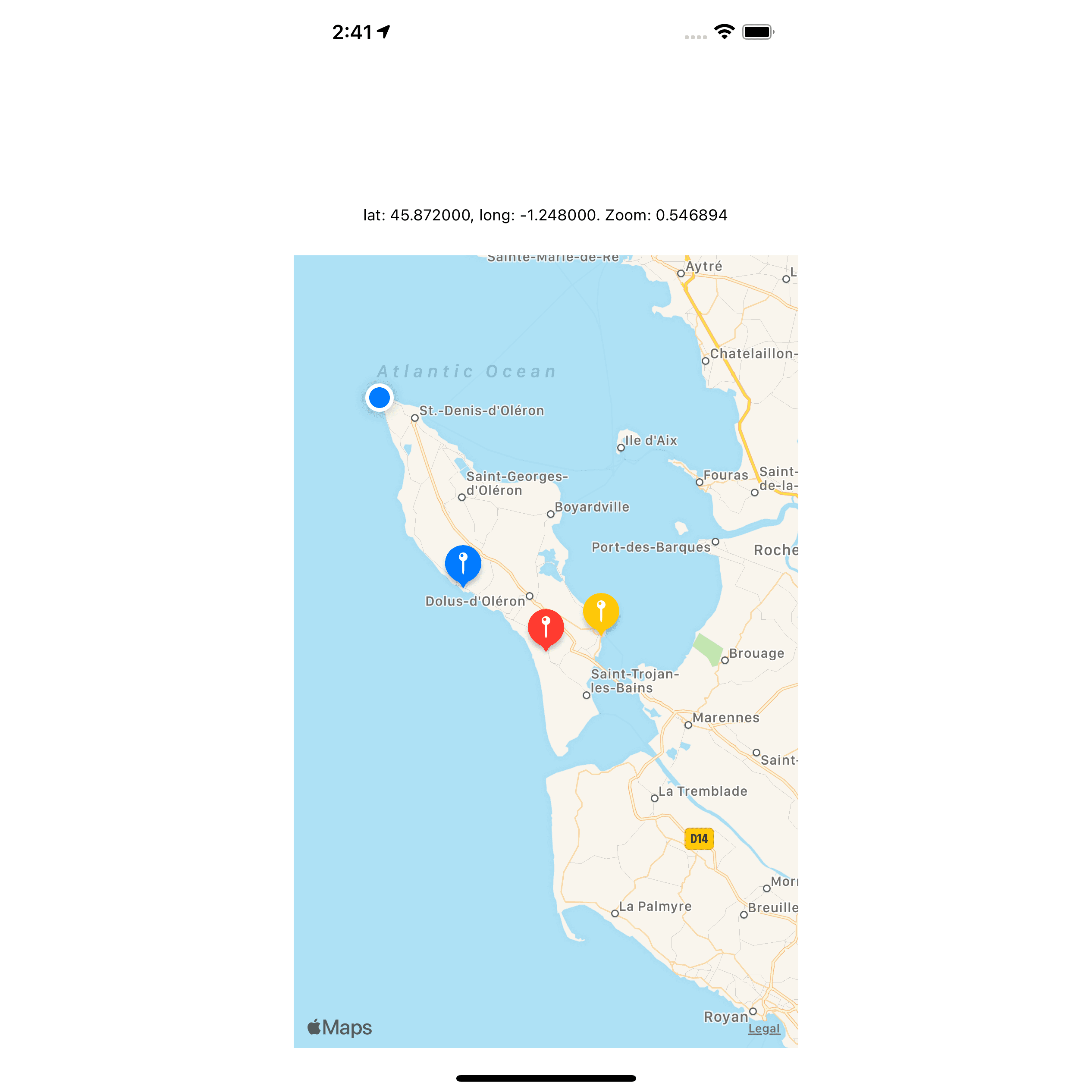 Embedded Apple Map showing red, yellow, and plue pins at different locations