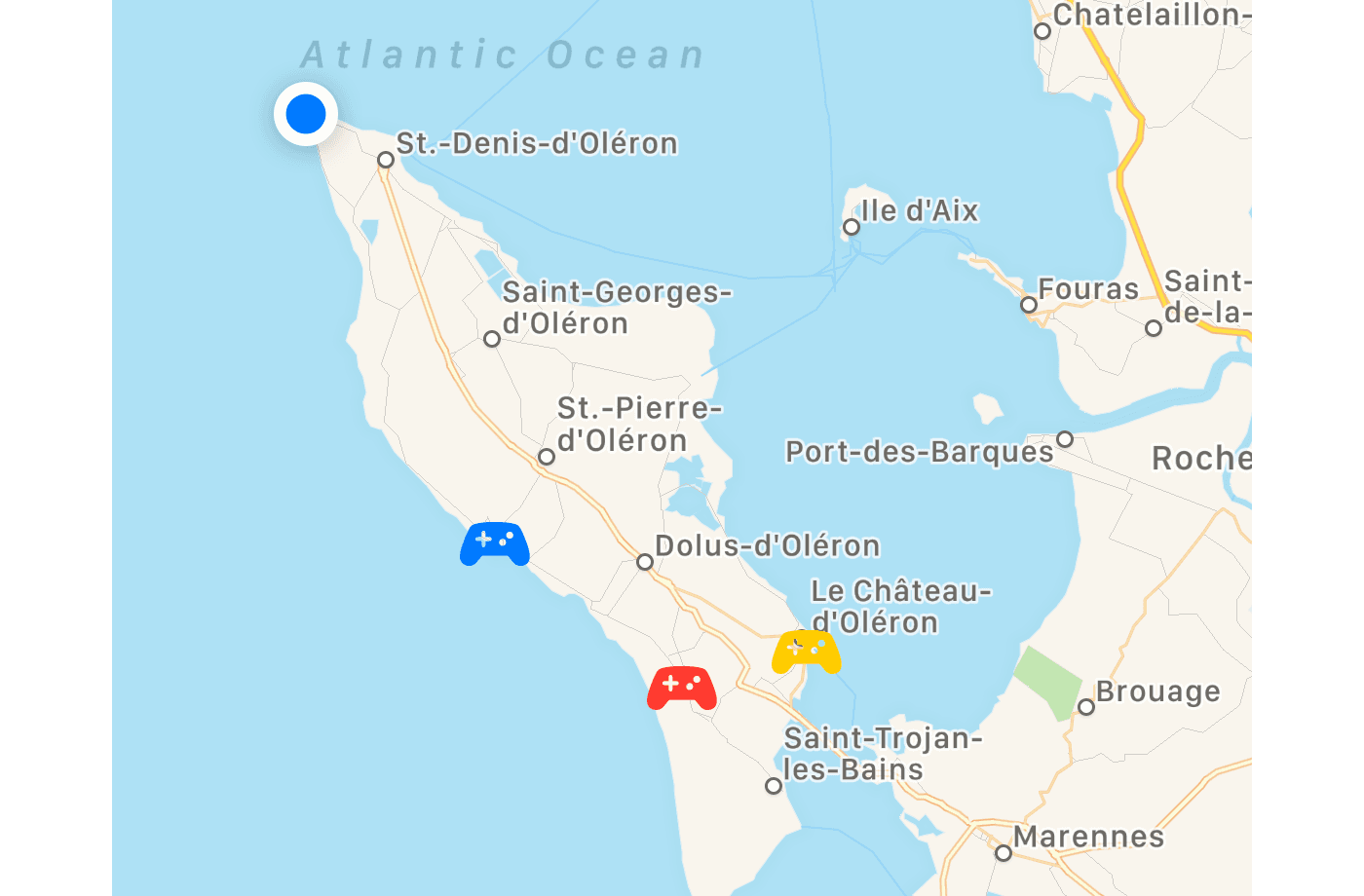 Apple Map showing red, yellow and blue game controller icons at different locations on the map