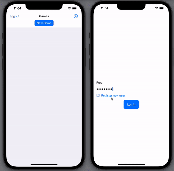 Animation of two iPhones. As a user taps a tile on one device, the change appears almost instantly on the other