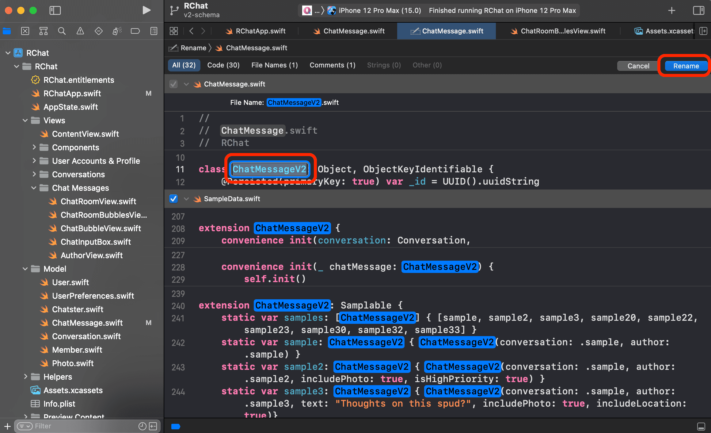 In Xcode, overwrite the class name with "ChatMessageV2" and then click the "Rename" button