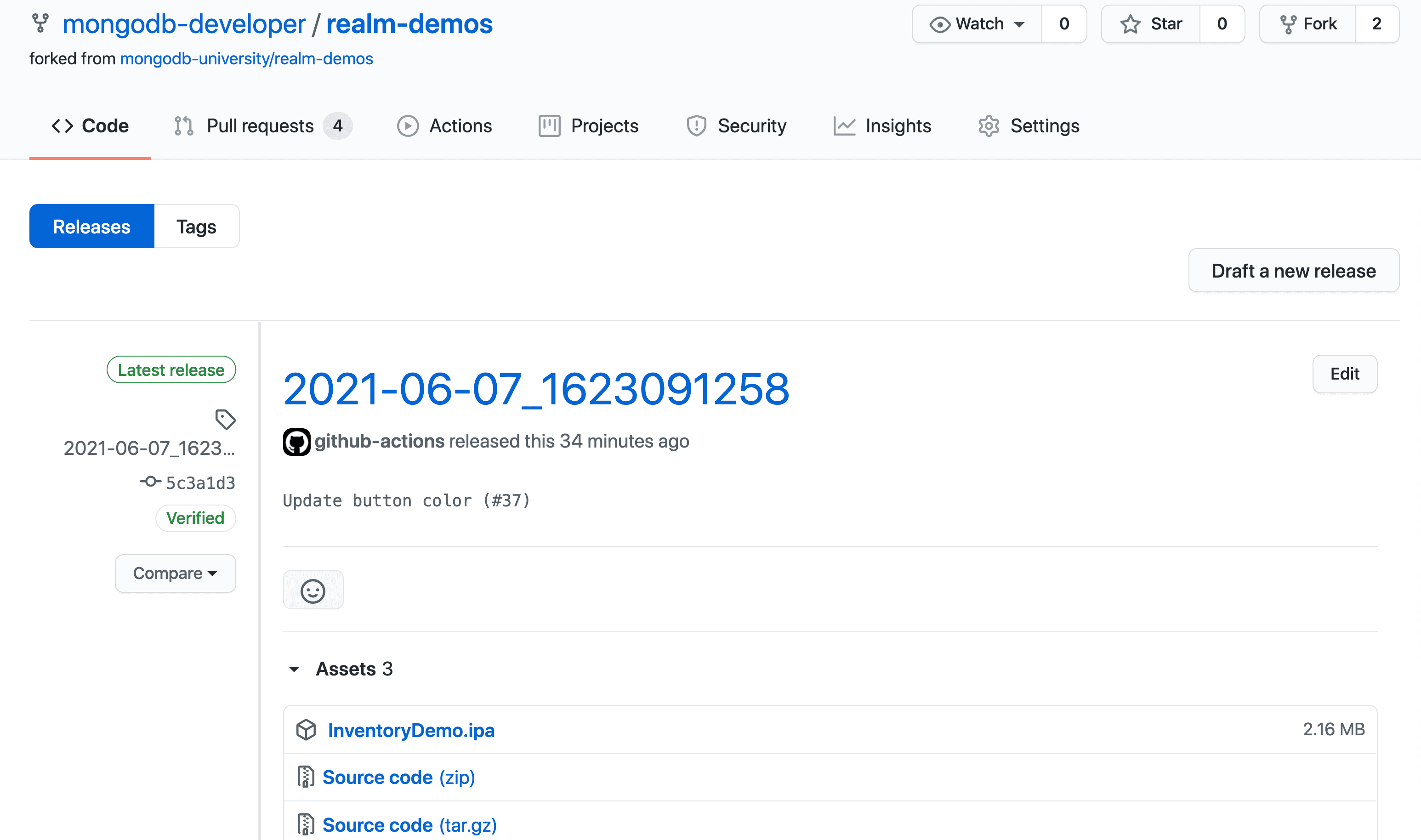 Screenshot of a GitHub release that contains a mobile app archive
