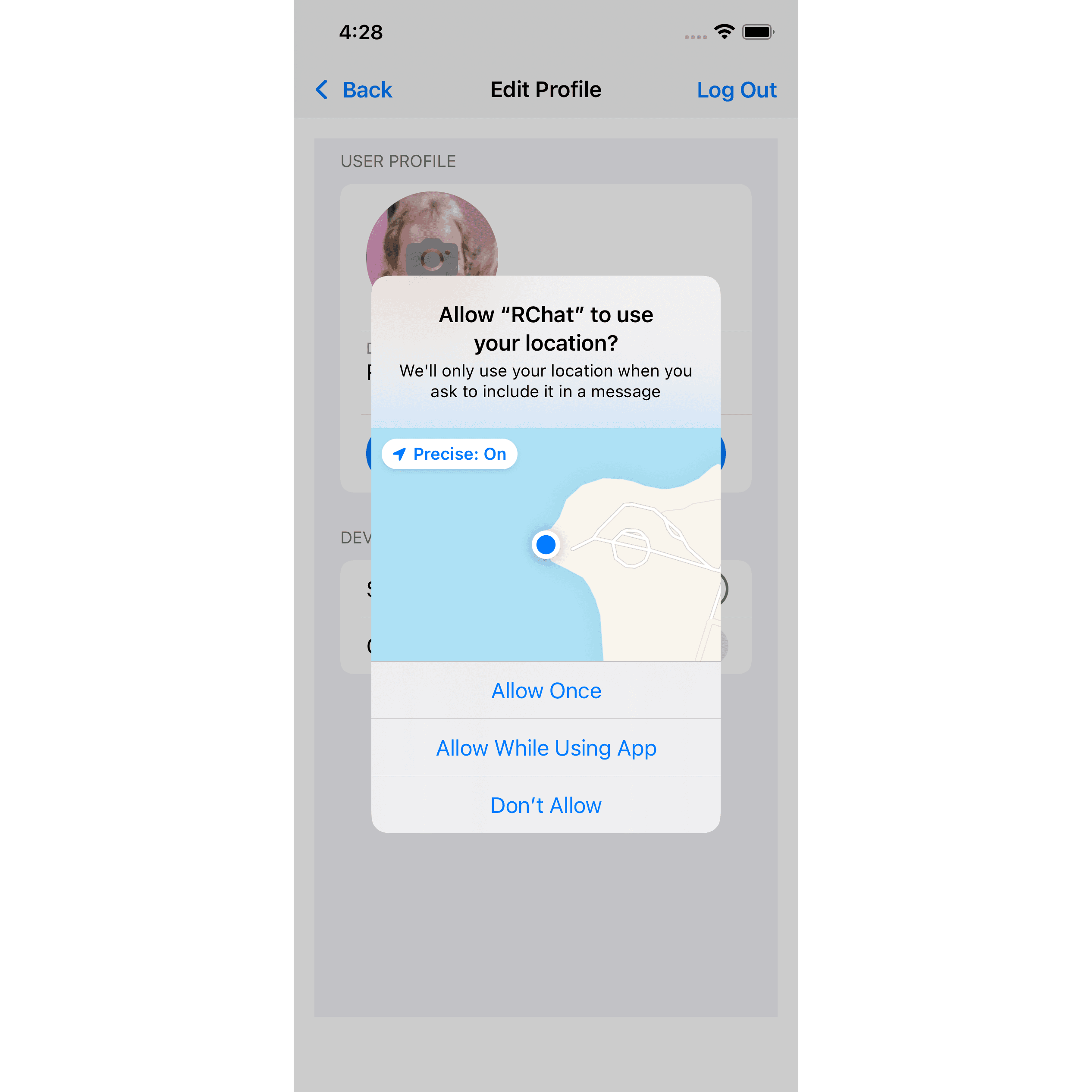 iPhone screenshot – app is requesting permission to access the user's location