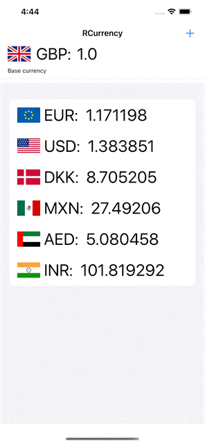 Animation showing currencies being filtered as a user types into the search box