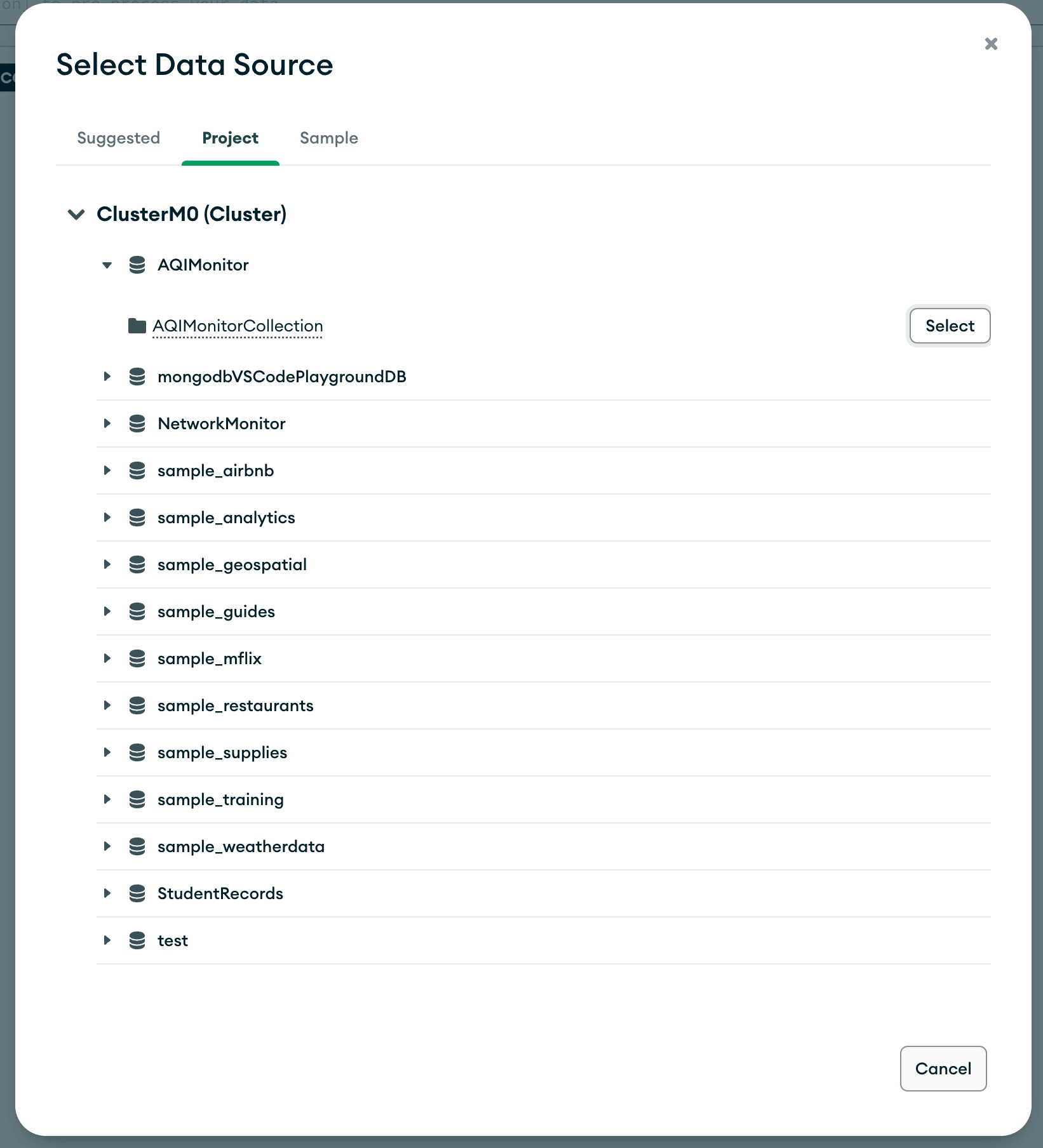 Selecting data source for MongoDB Charts