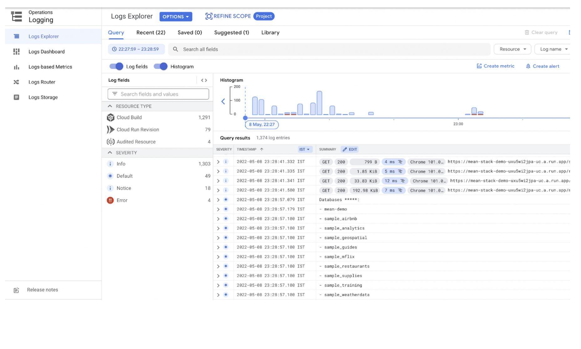 Service logs displayed in the Cloud Logging Logs Explorer page
