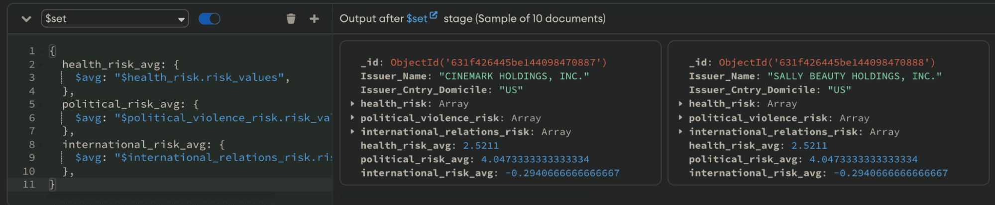 $set stage run in MongoDB Compass