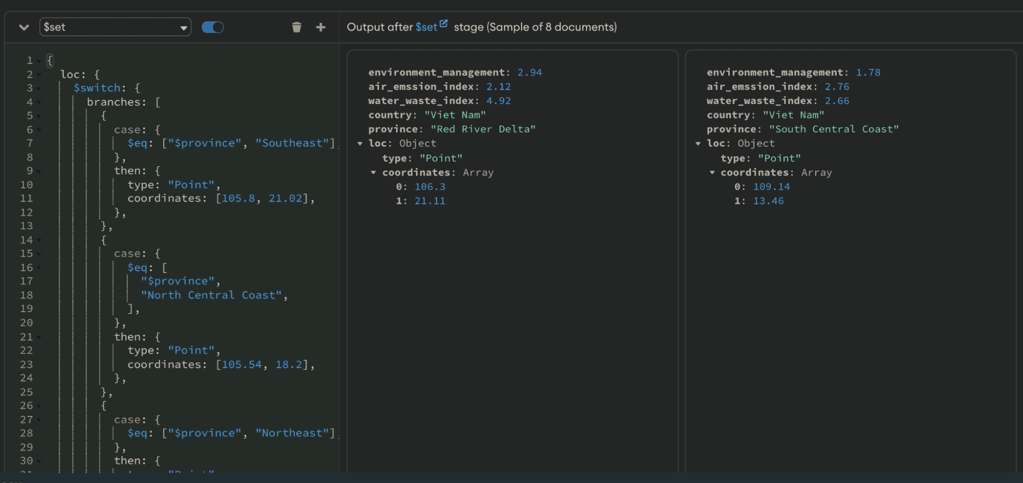 $set stage and $switch operator run in MongoDB Compass