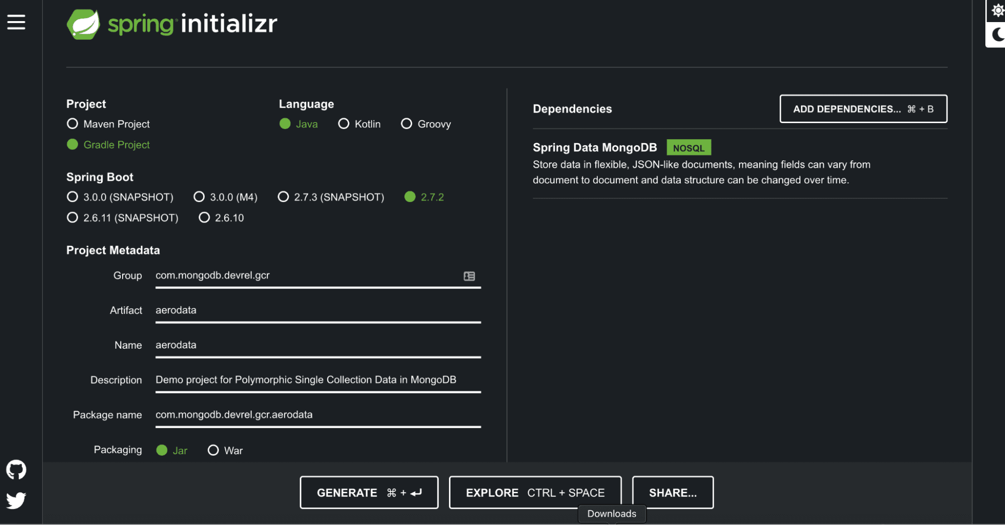 Screenshot of the Spring Initializr website