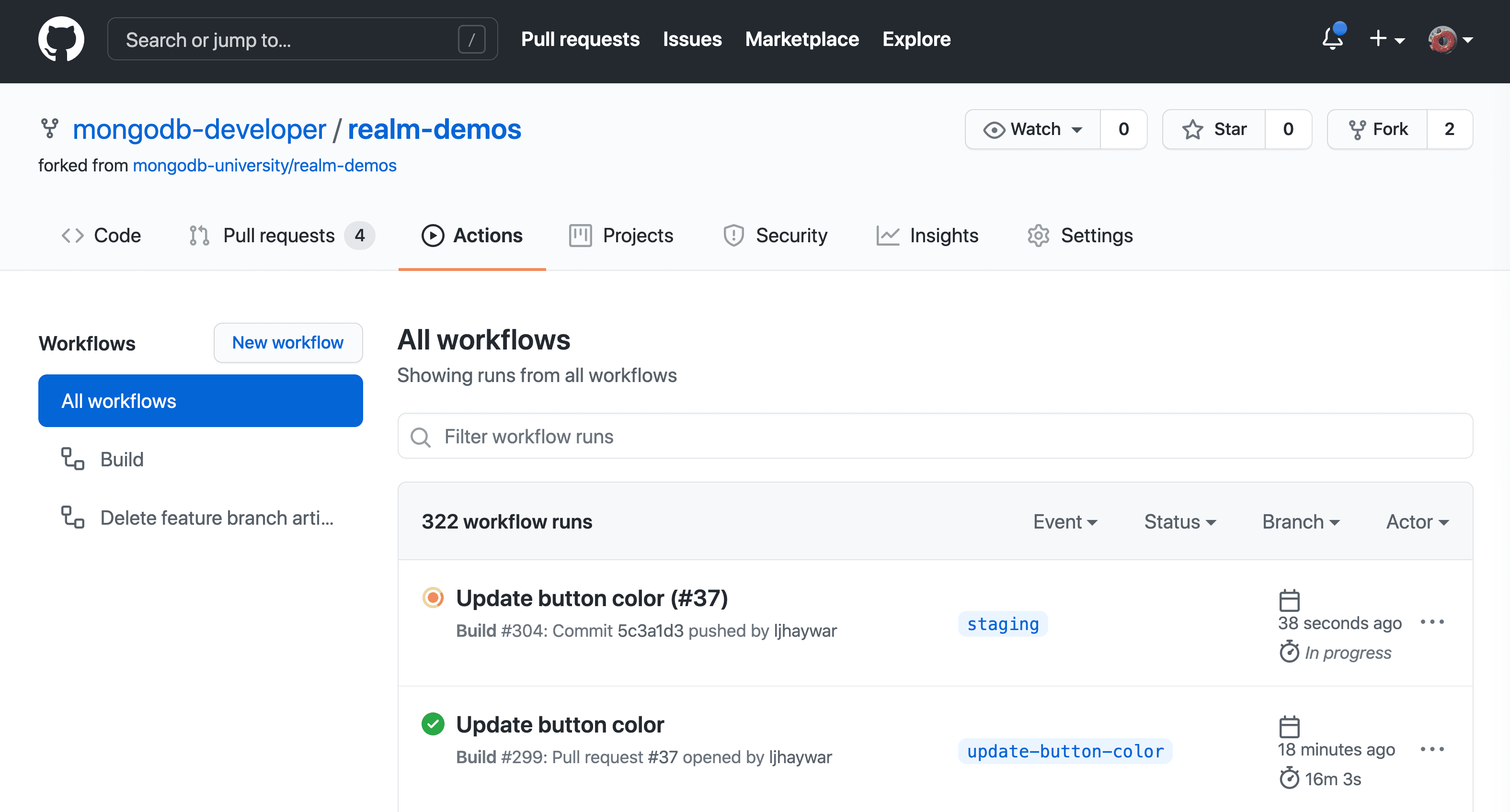 Screenshot of the GitHub Actions web interface after a push to the 'staging' branch triggers a workflow