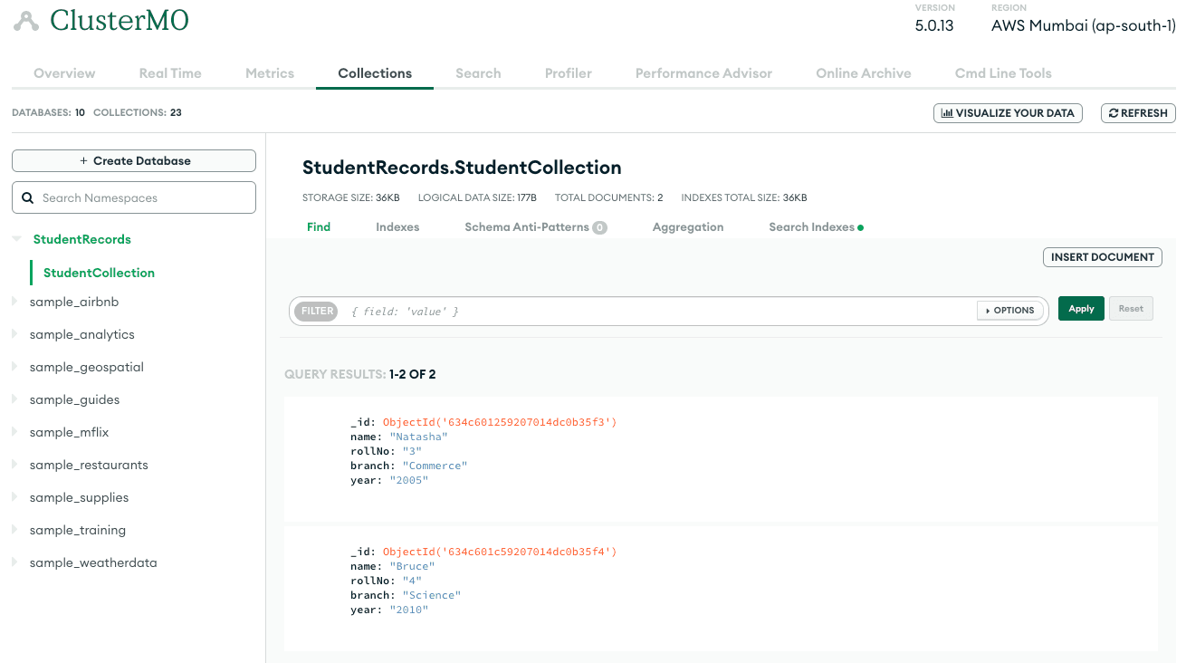 Student Records collection in Atlas