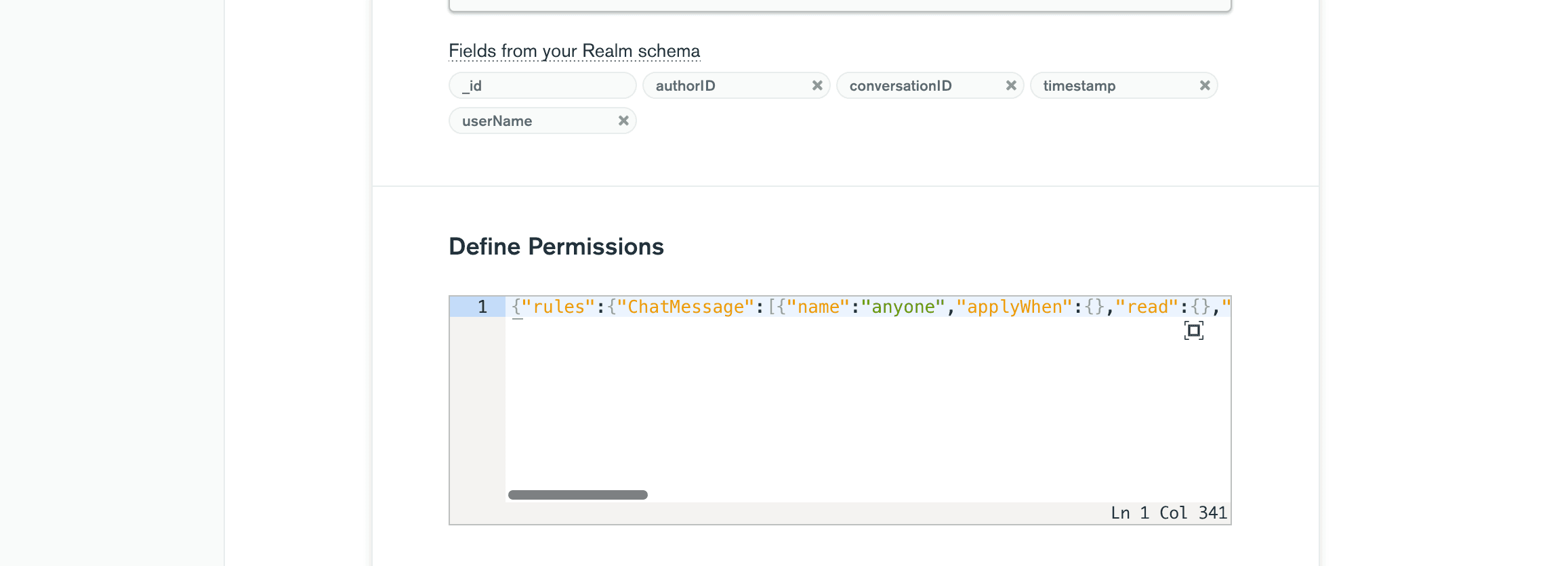 Screenshot of a JSON document representing sync permissions in the Atlas UI