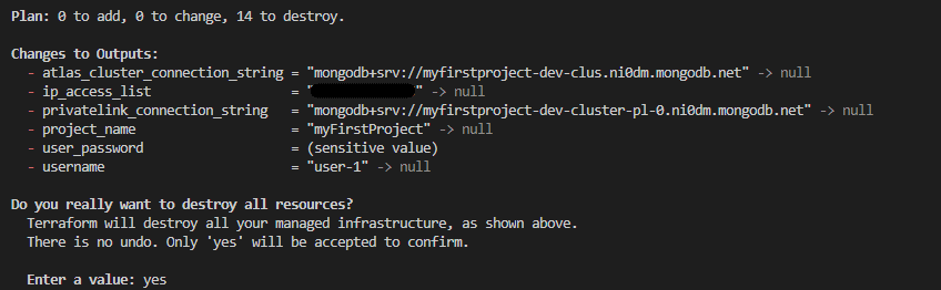 terraform destroy command, 14 resources to be terminated