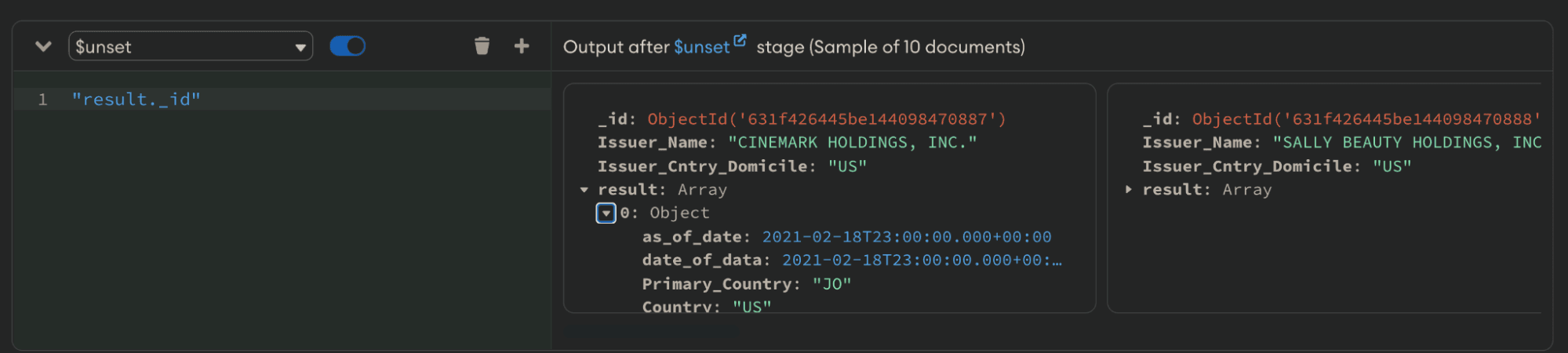 $unset stage run in MongoDB Compass